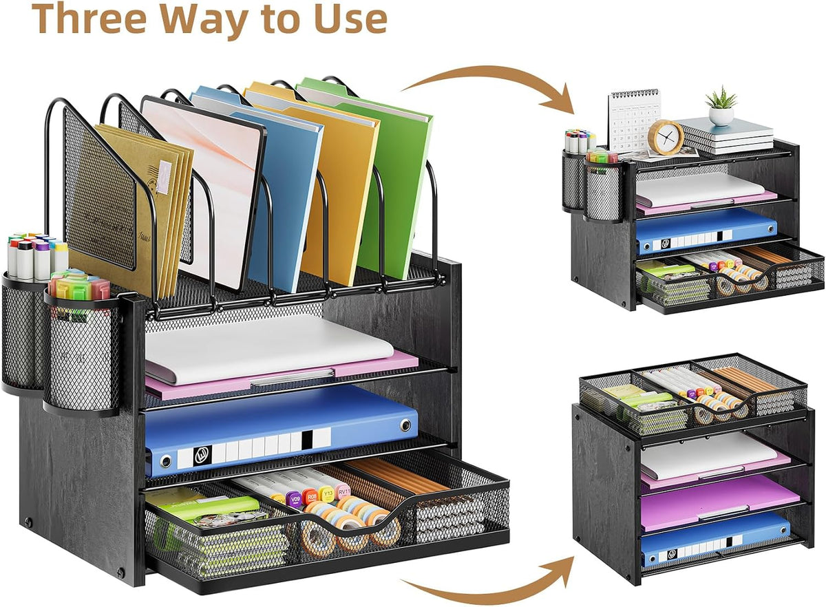 Desk Organizer with Drawer, 4-Tier Mesh File Organizer with 5 Vertical File Holders and 2 Pen Holders, Multifunction Desktop Organizer,Desk Organizers and Accessories for Home Office