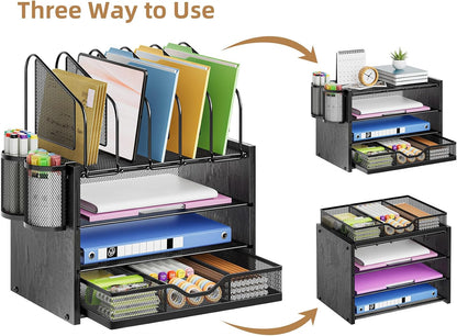Desk Organizer with Drawer, 4-Tier Mesh File Organizer with 5 Vertical File Holders and 2 Pen Holders, Multifunction Desktop Organizer,Desk Organizers and Accessories for Home Office