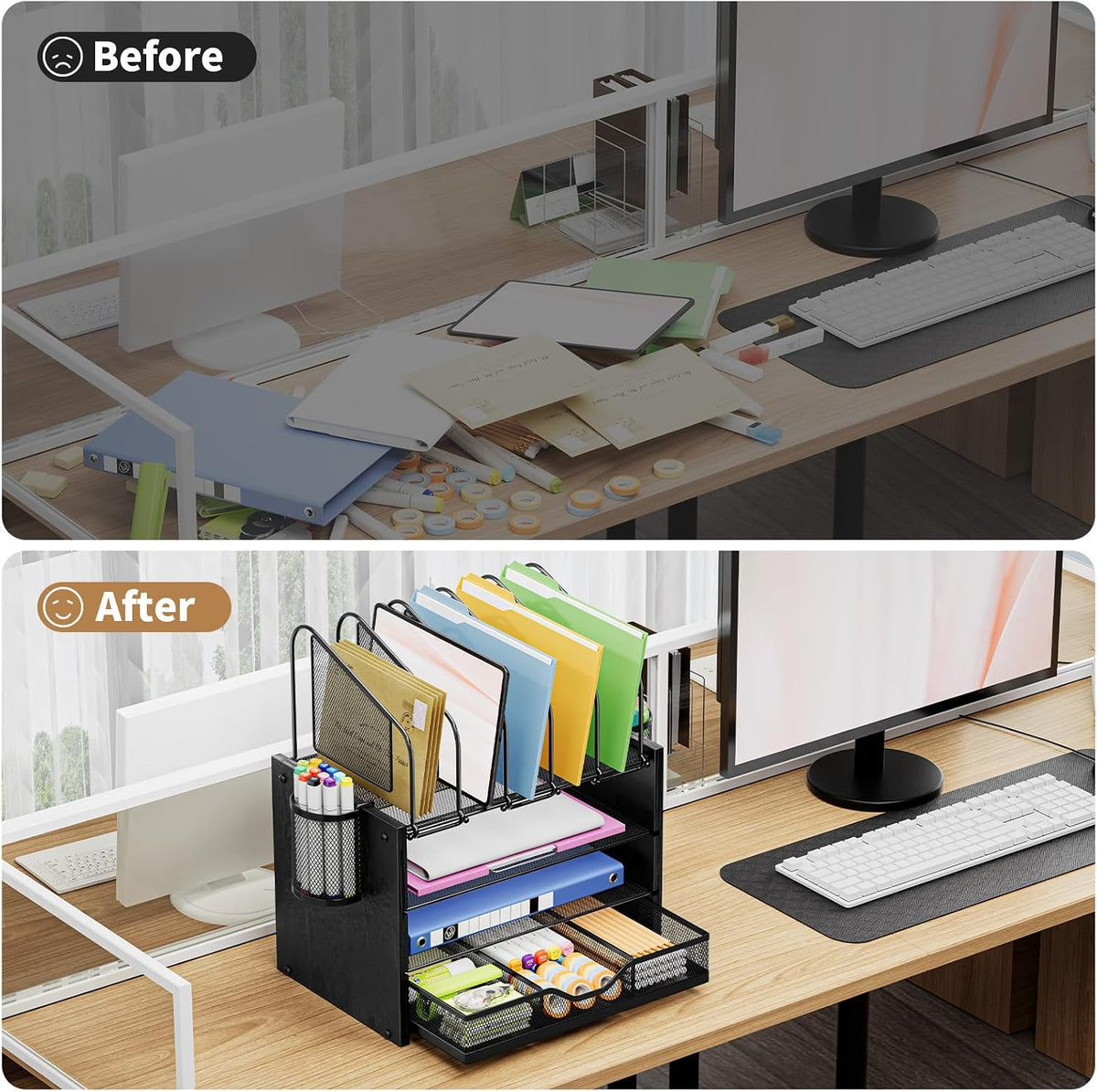 Desk Organizer with Drawer, 4-Tier Mesh File Organizer with 5 Vertical File Holders and 2 Pen Holders, Multifunction Desktop Organizer,Desk Organizers and Accessories for Home Office