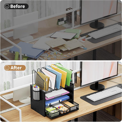 Desk Organizer with Drawer, 4-Tier Mesh File Organizer with 5 Vertical File Holders and 2 Pen Holders, Multifunction Desktop Organizer,Desk Organizers and Accessories for Home Office