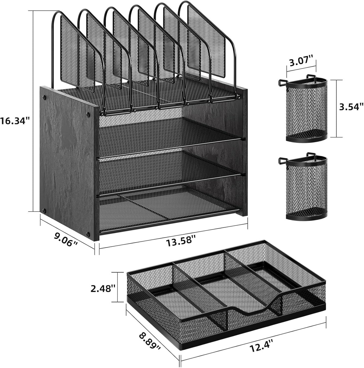 Desk Organizer with Drawer, 4-Tier Mesh File Organizer with 5 Vertical File Holders and 2 Pen Holders, Multifunction Desktop Organizer,Desk Organizers and Accessories for Home Office