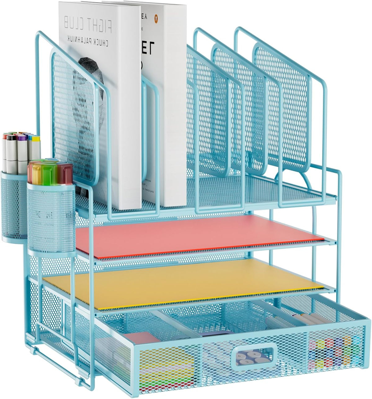 Desk Organizer with Drawer, 4-Tier Mesh File Organizer with 5 Vertical File Holders and 2 Pen Holders, Multifunction Desktop Organizer,Desk Organizers and Accessories for Home Office