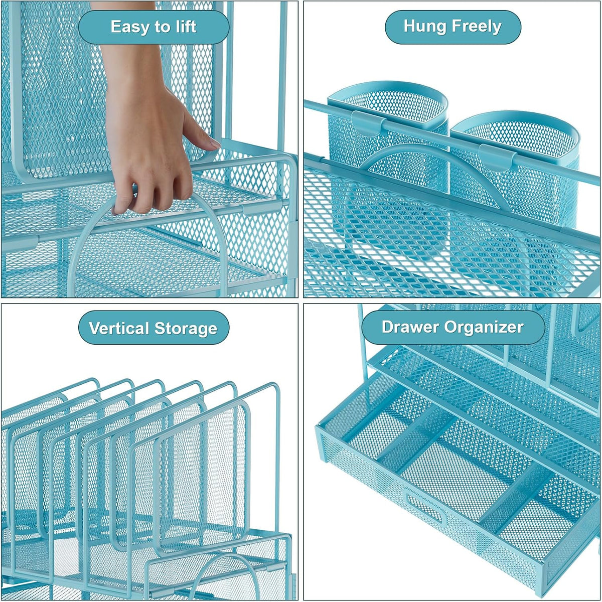 Desk Organizer with Drawer, 4-Tier Mesh File Organizer with 5 Vertical File Holders and 2 Pen Holders, Multifunction Desktop Organizer,Desk Organizers and Accessories for Home Office