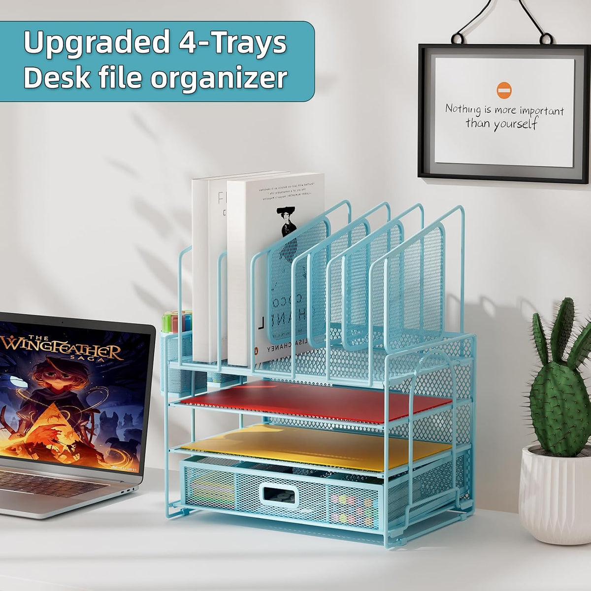 Desk Organizer with Drawer, 4-Tier Mesh File Organizer with 5 Vertical File Holders and 2 Pen Holders, Multifunction Desktop Organizer,Desk Organizers and Accessories for Home Office