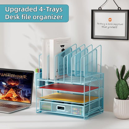 Desk Organizer with Drawer, 4-Tier Mesh File Organizer with 5 Vertical File Holders and 2 Pen Holders, Multifunction Desktop Organizer,Desk Organizers and Accessories for Home Office