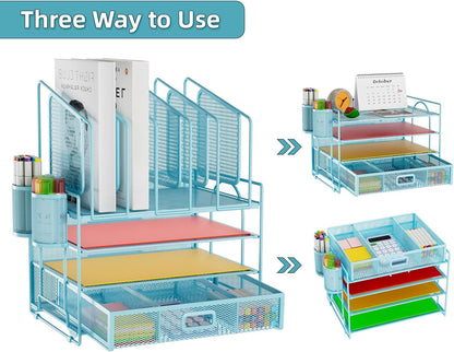 Desk Organizer with Drawer, 4-Tier Mesh File Organizer with 5 Vertical File Holders and 2 Pen Holders, Multifunction Desktop Organizer,Desk Organizers and Accessories for Home Office