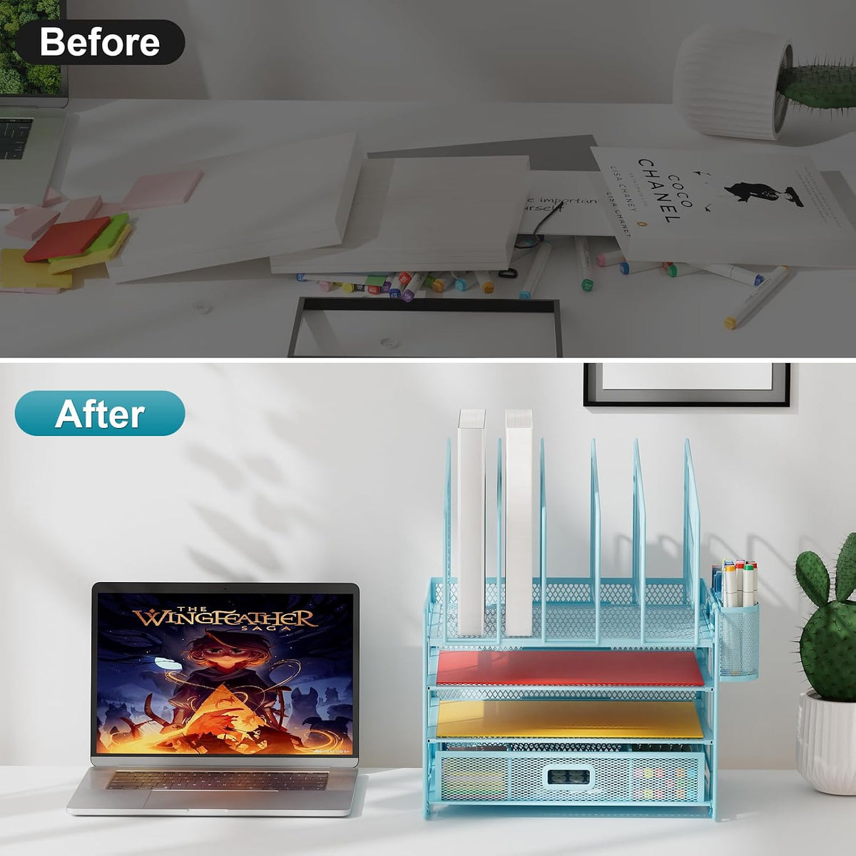 Desk Organizer with Drawer, 4-Tier Mesh File Organizer with 5 Vertical File Holders and 2 Pen Holders, Multifunction Desktop Organizer,Desk Organizers and Accessories for Home Office