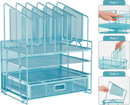 Desk Organizer with Drawer, 4-Tier Mesh File Organizer with 5 Vertical File Holders and 2 Pen Holders, Multifunction Desktop Organizer,Desk Organizers and Accessories for Home Office