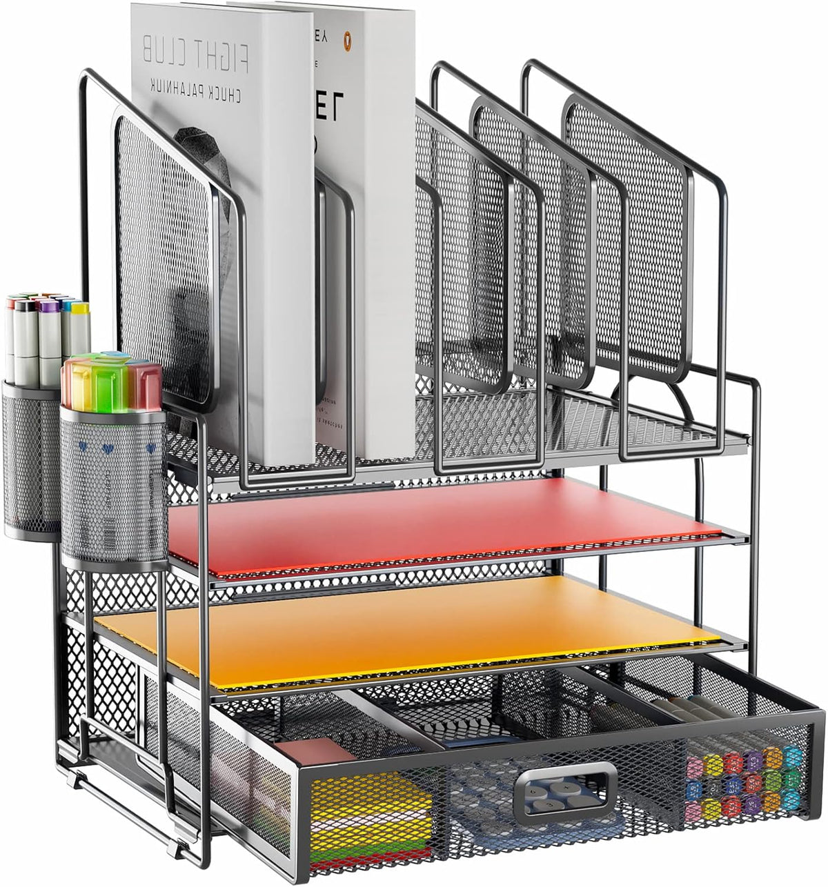 Desk Organizer with Drawer, 4-Tier Mesh File Organizer with 5 Vertical File Holders and 2 Pen Holders, Multifunction Desktop Organizer,Desk Organizers and Accessories for Home Office