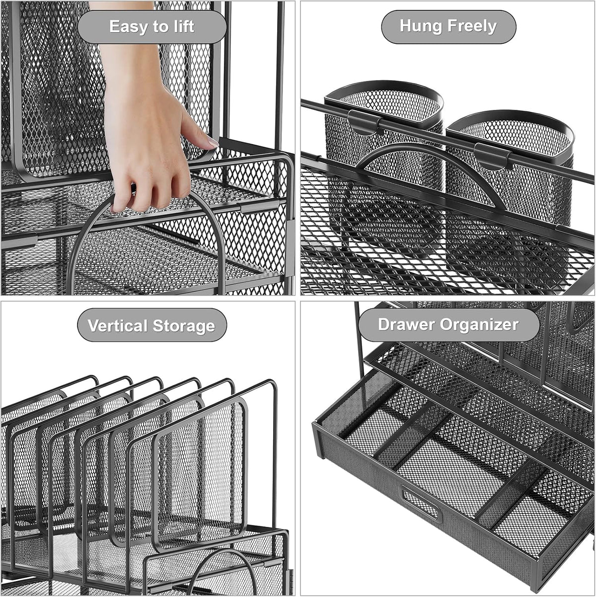 Desk Organizer with Drawer, 4-Tier Mesh File Organizer with 5 Vertical File Holders and 2 Pen Holders, Multifunction Desktop Organizer,Desk Organizers and Accessories for Home Office