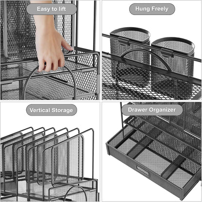 Desk Organizer with Drawer, 4-Tier Mesh File Organizer with 5 Vertical File Holders and 2 Pen Holders, Multifunction Desktop Organizer,Desk Organizers and Accessories for Home Office