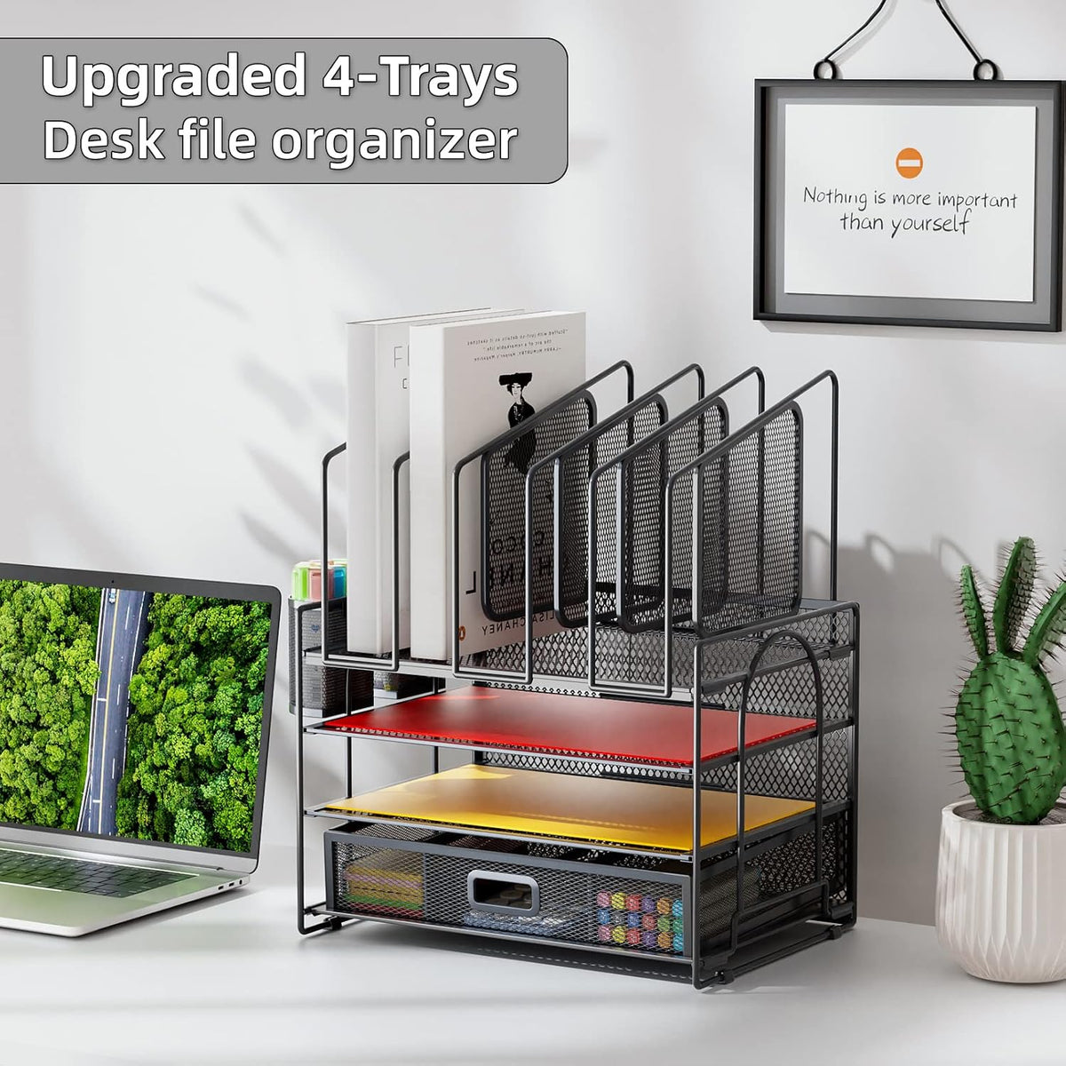 Desk Organizer with Drawer, 4-Tier Mesh File Organizer with 5 Vertical File Holders and 2 Pen Holders, Multifunction Desktop Organizer,Desk Organizers and Accessories for Home Office