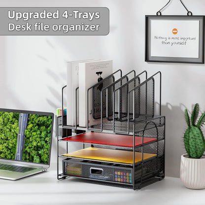 Desk Organizer with Drawer, 4-Tier Mesh File Organizer with 5 Vertical File Holders and 2 Pen Holders, Multifunction Desktop Organizer,Desk Organizers and Accessories for Home Office