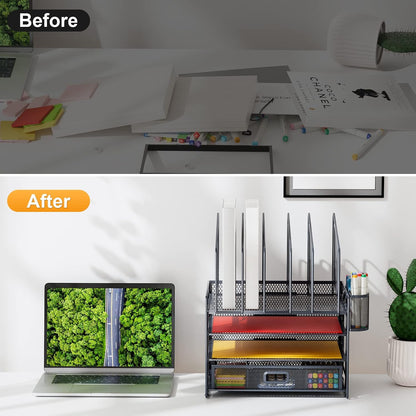 Desk Organizer with Drawer, 4-Tier Mesh File Organizer with 5 Vertical File Holders and 2 Pen Holders, Multifunction Desktop Organizer,Desk Organizers and Accessories for Home Office