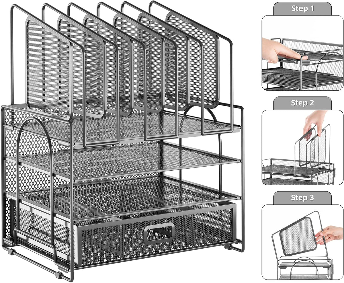 Desk Organizer with Drawer, 4-Tier Mesh File Organizer with 5 Vertical File Holders and 2 Pen Holders, Multifunction Desktop Organizer,Desk Organizers and Accessories for Home Office