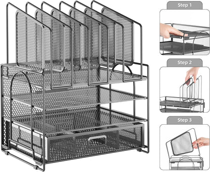 Desk Organizer with Drawer, 4-Tier Mesh File Organizer with 5 Vertical File Holders and 2 Pen Holders, Multifunction Desktop Organizer,Desk Organizers and Accessories for Home Office