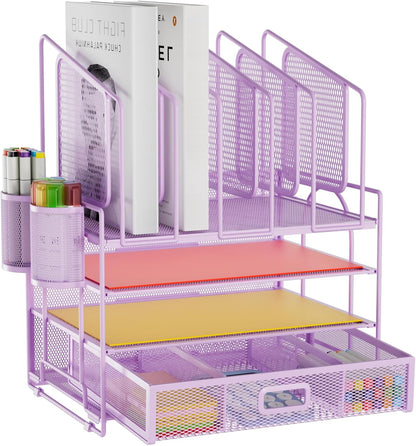 Desk Organizer with Drawer, 4-Tier Mesh File Organizer with 5 Vertical File Holders and 2 Pen Holders, Multifunction Desktop Organizer,Desk Organizers and Accessories for Home Office