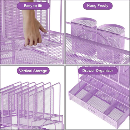 Desk Organizer with Drawer, 4-Tier Mesh File Organizer with 5 Vertical File Holders and 2 Pen Holders, Multifunction Desktop Organizer,Desk Organizers and Accessories for Home Office