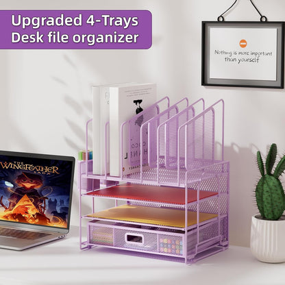 Desk Organizer with Drawer, 4-Tier Mesh File Organizer with 5 Vertical File Holders and 2 Pen Holders, Multifunction Desktop Organizer,Desk Organizers and Accessories for Home Office