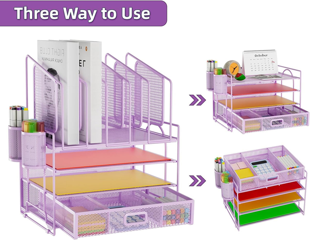 Desk Organizer with Drawer, 4-Tier Mesh File Organizer with 5 Vertical File Holders and 2 Pen Holders, Multifunction Desktop Organizer,Desk Organizers and Accessories for Home Office