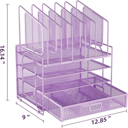 Desk Organizer with Drawer, 4-Tier Mesh File Organizer with 5 Vertical File Holders and 2 Pen Holders, Multifunction Desktop Organizer,Desk Organizers and Accessories for Home Office