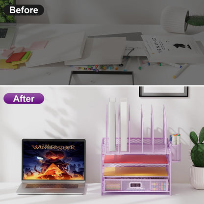 Desk Organizer with Drawer, 4-Tier Mesh File Organizer with 5 Vertical File Holders and 2 Pen Holders, Multifunction Desktop Organizer,Desk Organizers and Accessories for Home Office