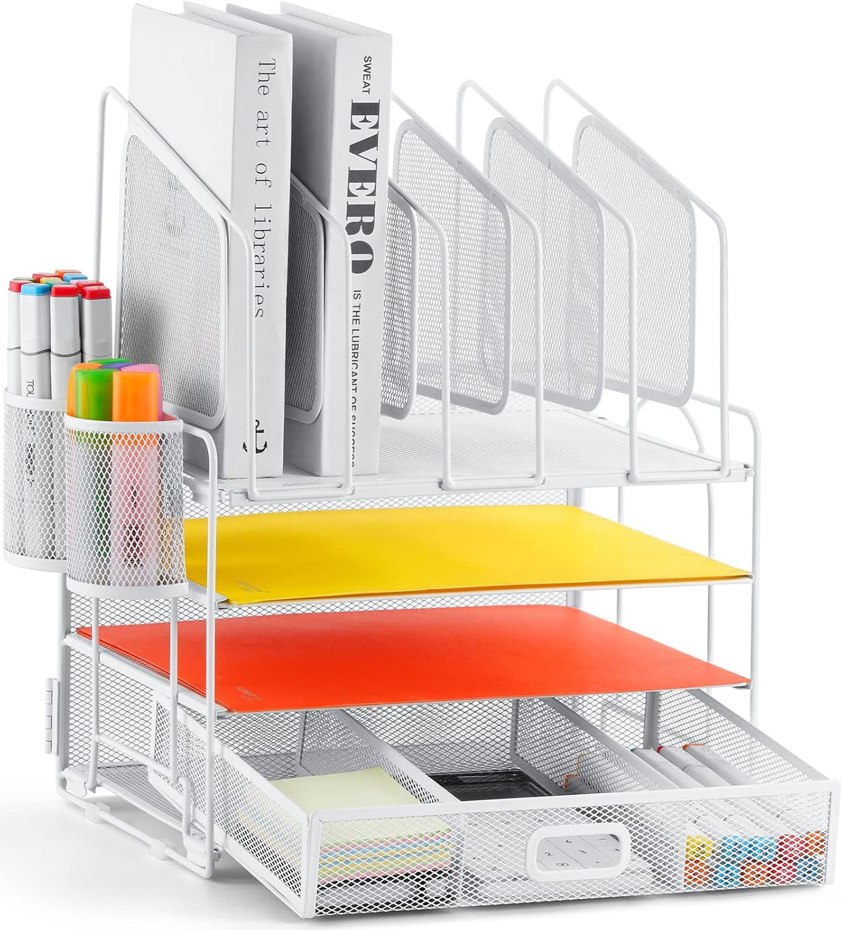 Desk Organizer with Drawer, 4-Tier Mesh File Organizer with 5 Vertical File Holders and 2 Pen Holders, Multifunction Desktop Organizer,Desk Organizers and Accessories for Home Office