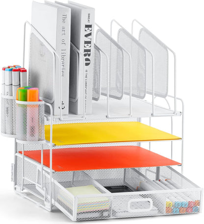 Desk Organizer with Drawer, 4-Tier Mesh File Organizer with 5 Vertical File Holders and 2 Pen Holders, Multifunction Desktop Organizer,Desk Organizers and Accessories for Home Office