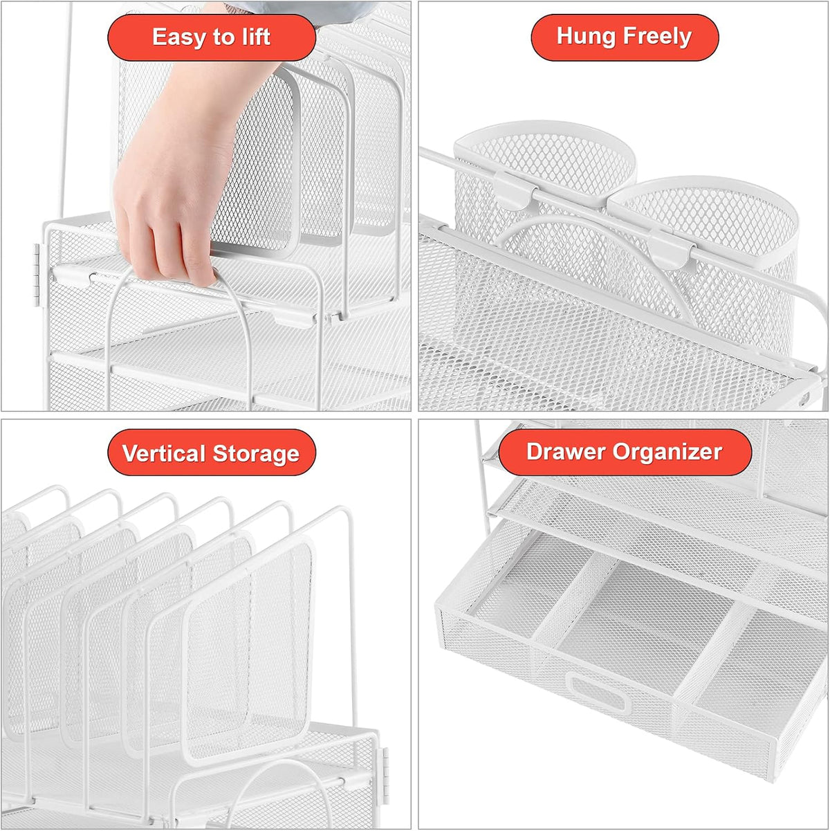 Desk Organizer with Drawer, 4-Tier Mesh File Organizer with 5 Vertical File Holders and 2 Pen Holders, Multifunction Desktop Organizer,Desk Organizers and Accessories for Home Office