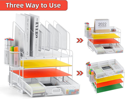 Desk Organizer with Drawer, 4-Tier Mesh File Organizer with 5 Vertical File Holders and 2 Pen Holders, Multifunction Desktop Organizer,Desk Organizers and Accessories for Home Office