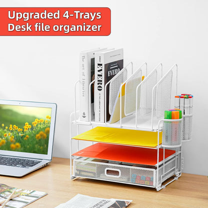 Desk Organizer with Drawer, 4-Tier Mesh File Organizer with 5 Vertical File Holders and 2 Pen Holders, Multifunction Desktop Organizer,Desk Organizers and Accessories for Home Office