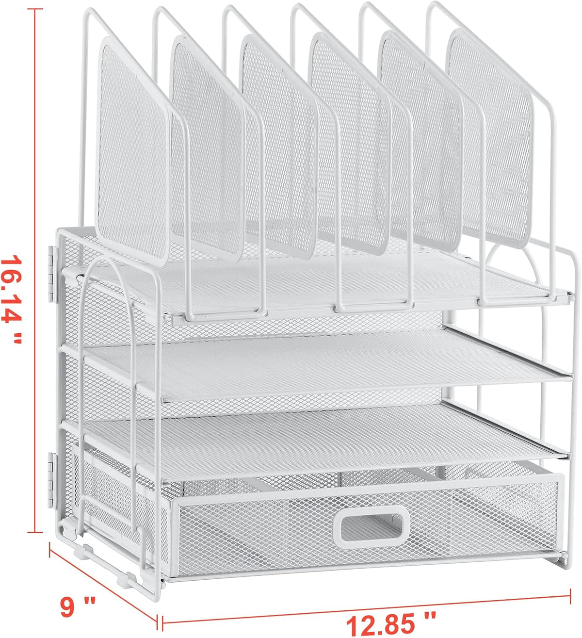 Desk Organizer with Drawer, 4-Tier Mesh File Organizer with 5 Vertical File Holders and 2 Pen Holders, Multifunction Desktop Organizer,Desk Organizers and Accessories for Home Office