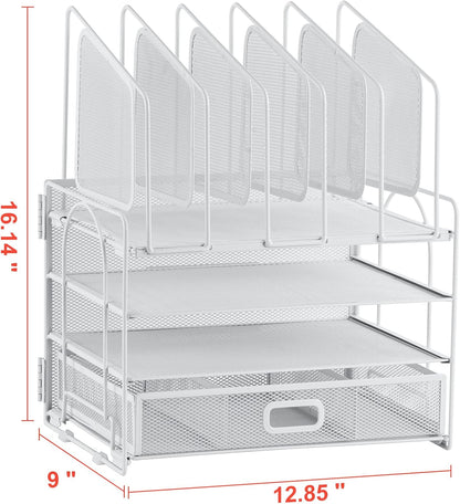 Desk Organizer with Drawer, 4-Tier Mesh File Organizer with 5 Vertical File Holders and 2 Pen Holders, Multifunction Desktop Organizer,Desk Organizers and Accessories for Home Office