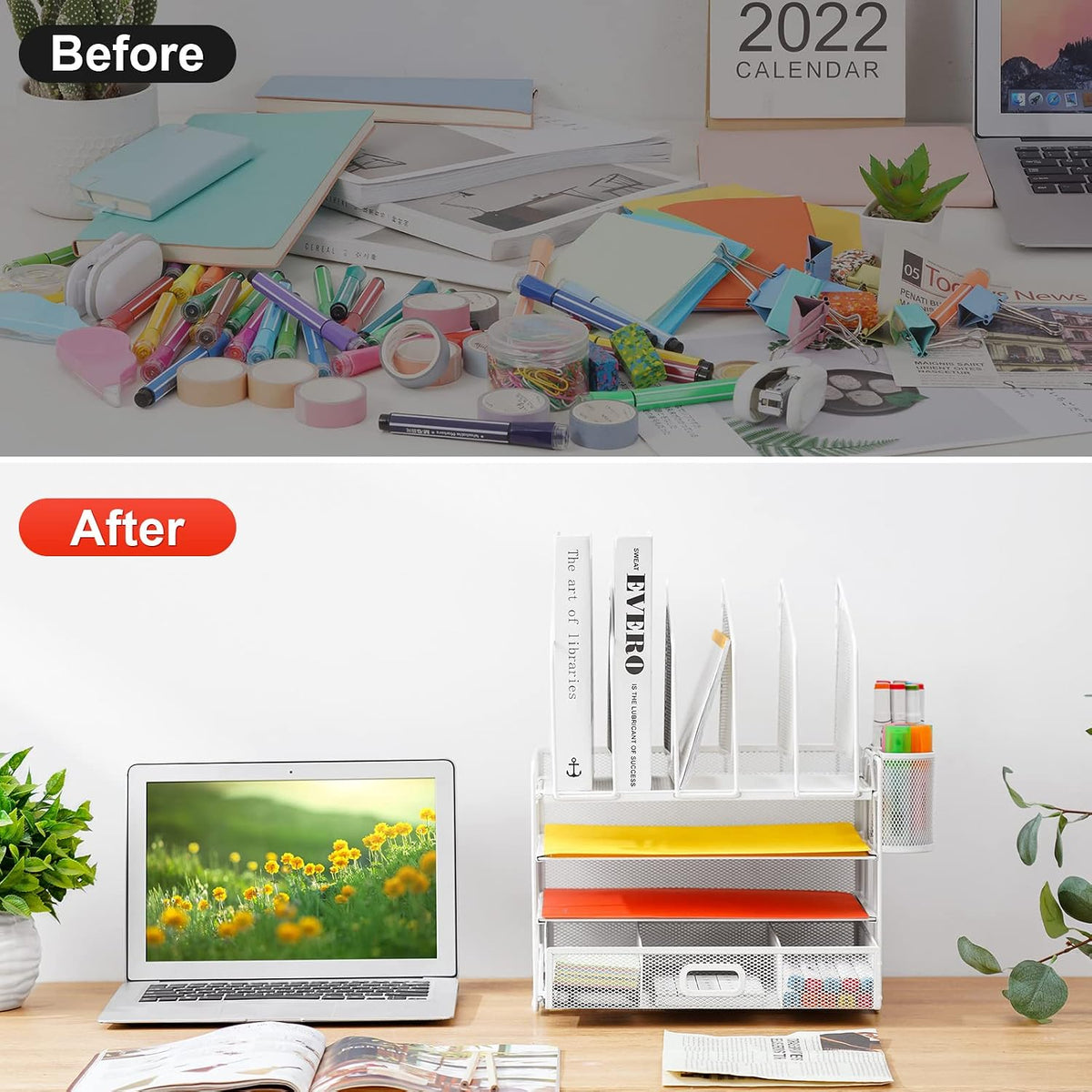 Desk Organizer with Drawer, 4-Tier Mesh File Organizer with 5 Vertical File Holders and 2 Pen Holders, Multifunction Desktop Organizer,Desk Organizers and Accessories for Home Office