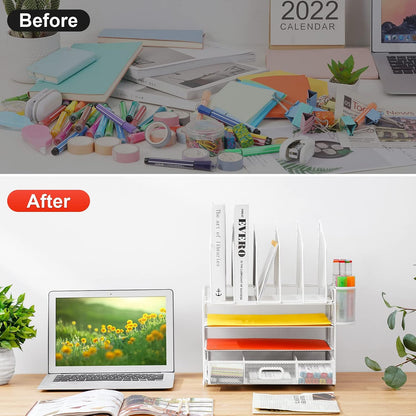 Desk Organizer with Drawer, 4-Tier Mesh File Organizer with 5 Vertical File Holders and 2 Pen Holders, Multifunction Desktop Organizer,Desk Organizers and Accessories for Home Office