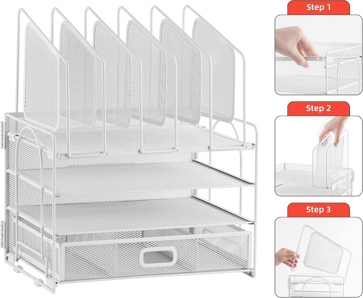 Desk Organizer with Drawer, 4-Tier Mesh File Organizer with 5 Vertical File Holders and 2 Pen Holders, Multifunction Desktop Organizer,Desk Organizers and Accessories for Home Office
