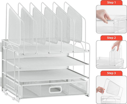 Desk Organizer with Drawer, 4-Tier Mesh File Organizer with 5 Vertical File Holders and 2 Pen Holders, Multifunction Desktop Organizer,Desk Organizers and Accessories for Home Office
