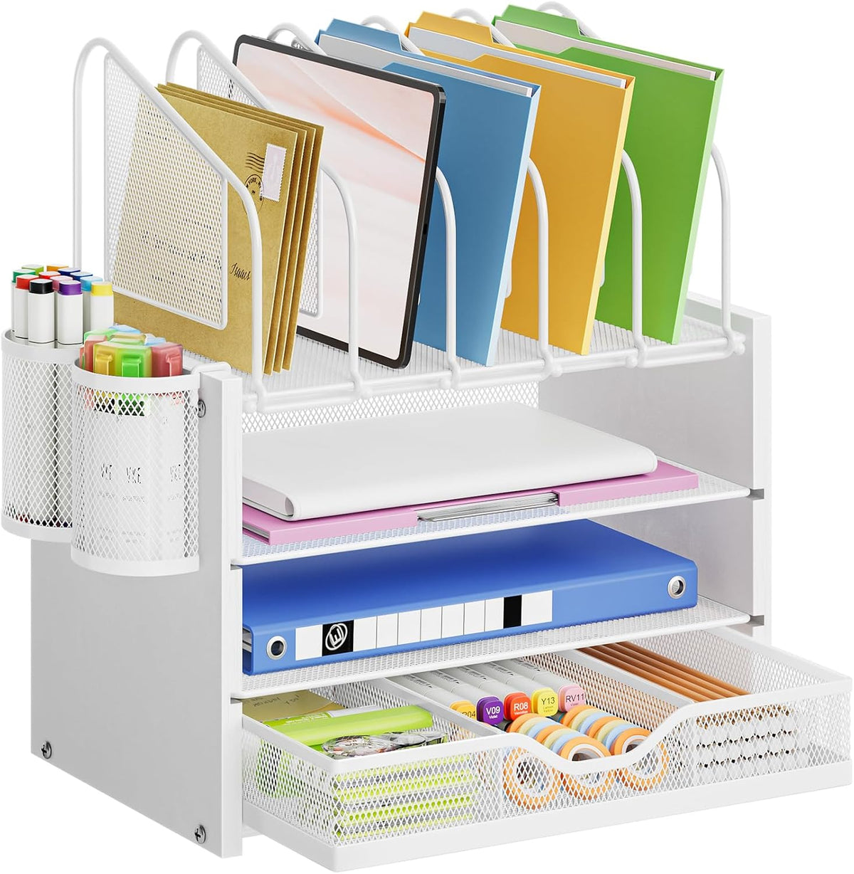 Desk Organizer with Drawer, 4-Tier Mesh File Organizer with 5 Vertical File Holders and 2 Pen Holders, Multifunction Desktop Organizer,Desk Organizers and Accessories for Home Office