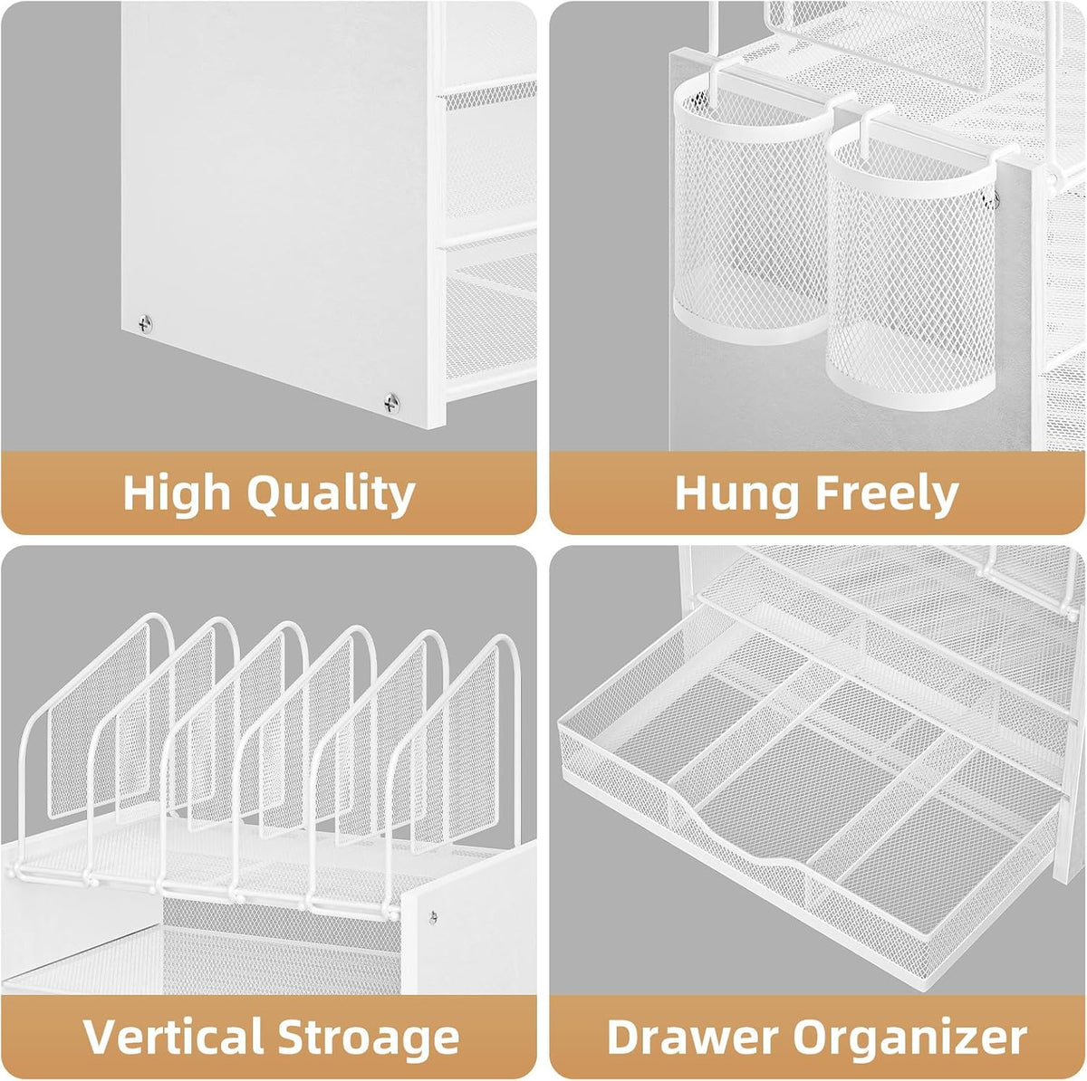 Desk Organizer with Drawer, 4-Tier Mesh File Organizer with 5 Vertical File Holders and 2 Pen Holders, Multifunction Desktop Organizer,Desk Organizers and Accessories for Home Office