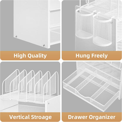 Desk Organizer with Drawer, 4-Tier Mesh File Organizer with 5 Vertical File Holders and 2 Pen Holders, Multifunction Desktop Organizer,Desk Organizers and Accessories for Home Office