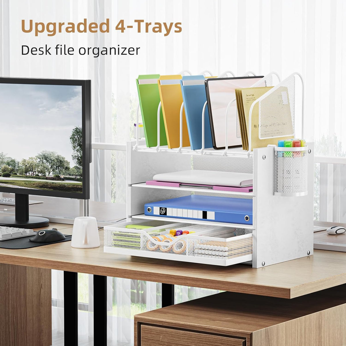 Desk Organizer with Drawer, 4-Tier Mesh File Organizer with 5 Vertical File Holders and 2 Pen Holders, Multifunction Desktop Organizer,Desk Organizers and Accessories for Home Office