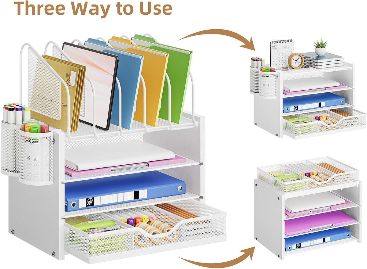 Desk Organizer with Drawer, 4-Tier Mesh File Organizer with 5 Vertical File Holders and 2 Pen Holders, Multifunction Desktop Organizer,Desk Organizers and Accessories for Home Office