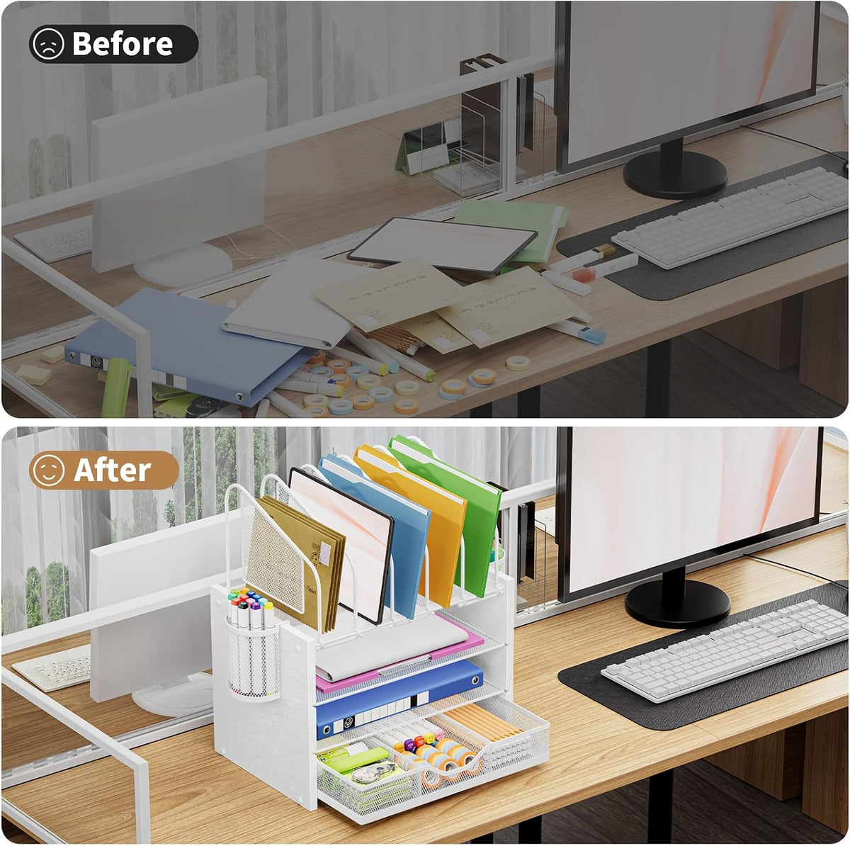 Desk Organizer with Drawer, 4-Tier Mesh File Organizer with 5 Vertical File Holders and 2 Pen Holders, Multifunction Desktop Organizer,Desk Organizers and Accessories for Home Office