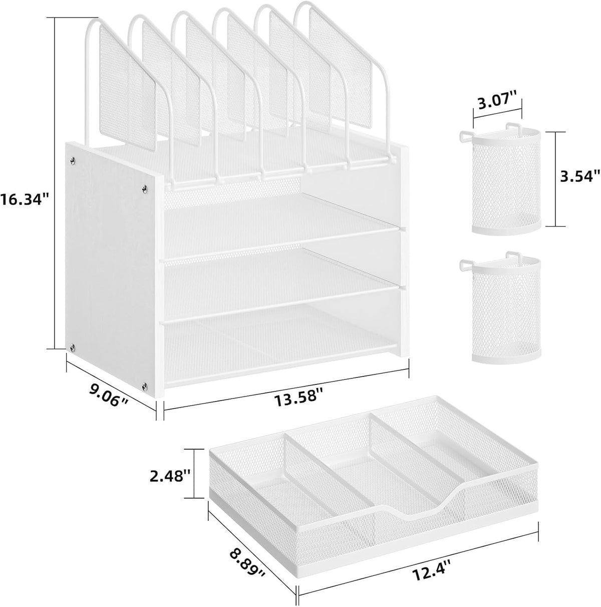 Desk Organizer with Drawer, 4-Tier Mesh File Organizer with 5 Vertical File Holders and 2 Pen Holders, Multifunction Desktop Organizer,Desk Organizers and Accessories for Home Office