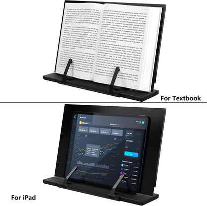 Metal Book Stand for Desk Portable Document Holder for Cook Book, Music Book, iPad, Laptop, Reading Rest with 7 Adjustable Positions and Page Paper Clips
