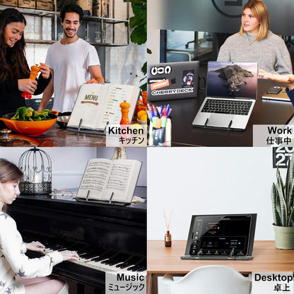 Metal Book Stand for Desk Portable Document Holder for Cook Book, Music Book, iPad, Laptop, Reading Rest with 7 Adjustable Positions and Page Paper Clips