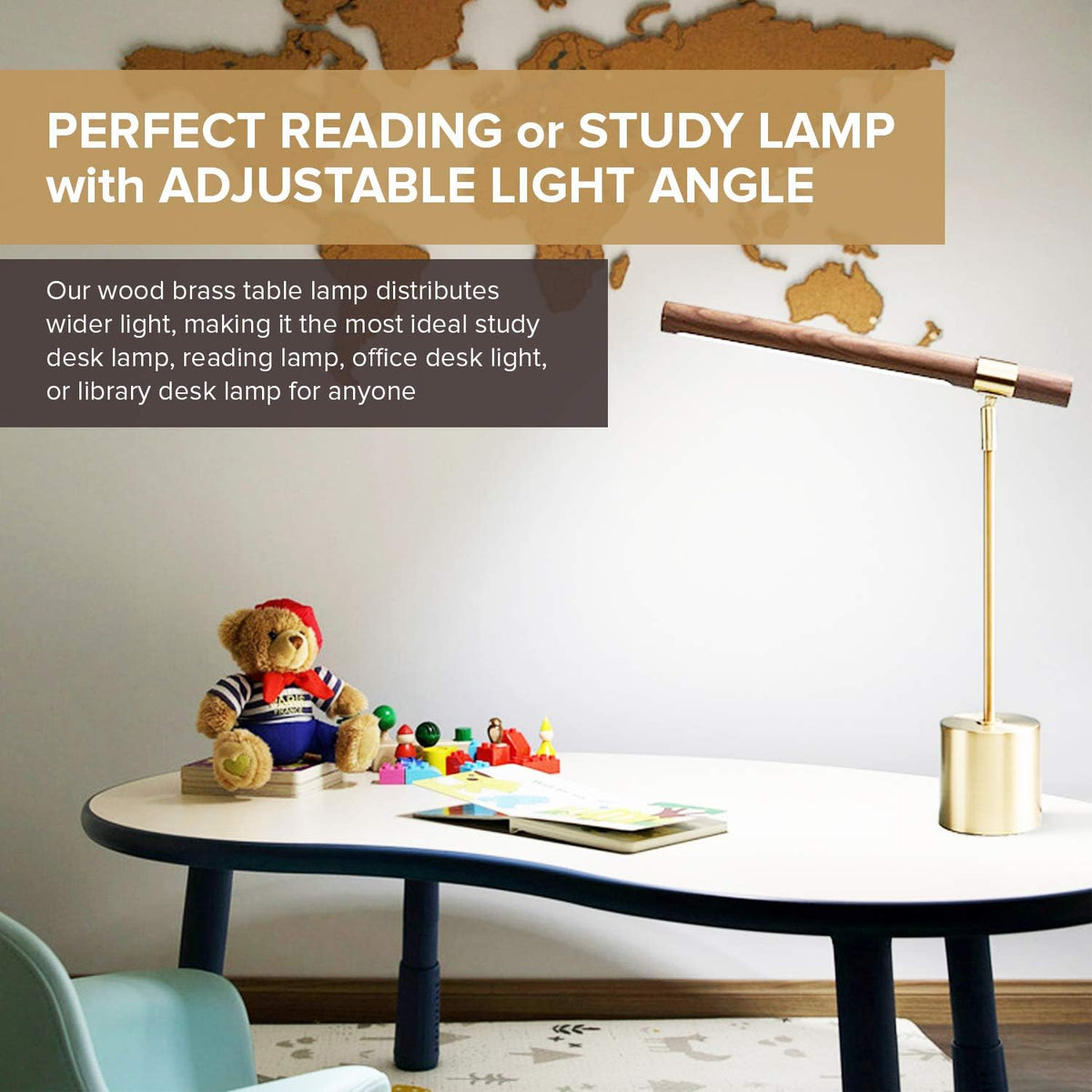 Modern Banker Slim Table Lamp - LED Desk Light - Wood Brass Lamp - Adjustable Table Lamp - Mid Century Desk Lamp for Home, Bedside, Office - Steampunk MCM Mid Modern Century