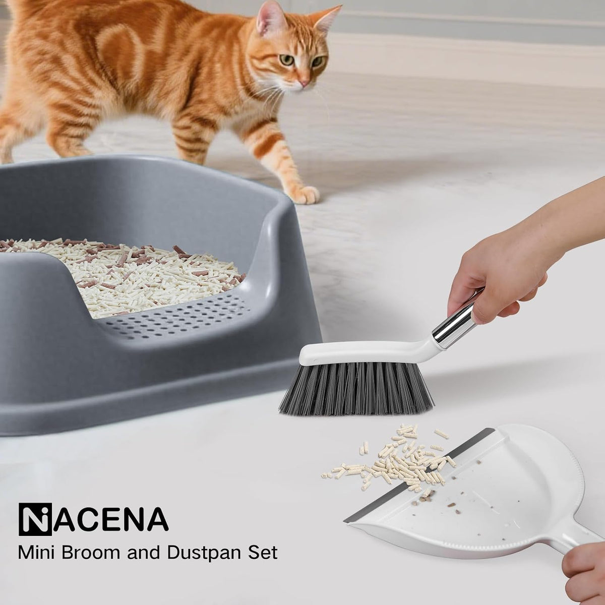 Mini Broom and Dustpan Set, Small Dust Pan and Brush Set, White&Gray