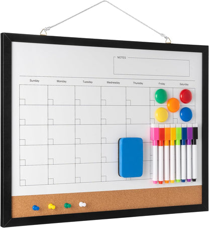 Dry Erase Calendar Whiteboard, 17" x 13" Magnetic Whiteboard Cork Board Combo, Reusable Monthly Planner with 8 Markers, Eraser, Magnets and Pushpins, Hanging Dry Erase Board for Home, School - White