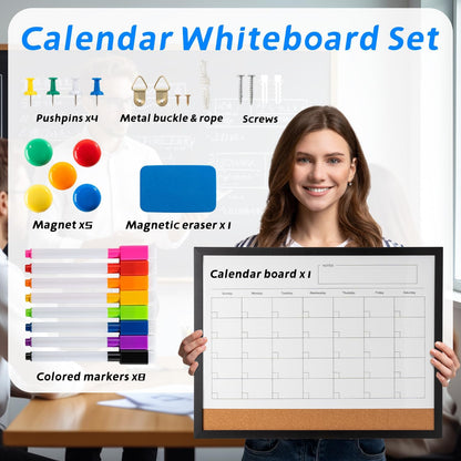 Dry Erase Calendar Whiteboard, 17" x 13" Magnetic Whiteboard Cork Board Combo, Reusable Monthly Planner with 8 Markers, Eraser, Magnets and Pushpins, Hanging Dry Erase Board for Home, School - White